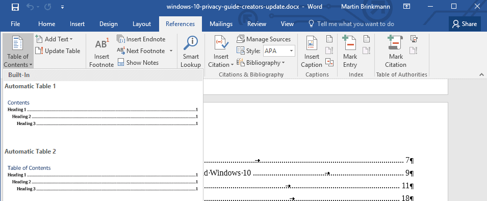 how to create a clickable table of contents in word 2016