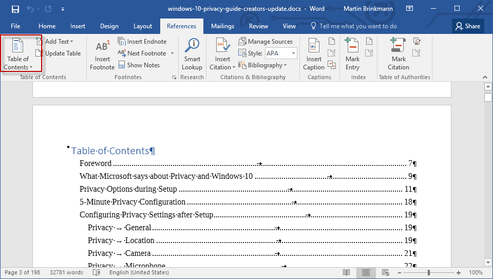 word 2016 table of contents