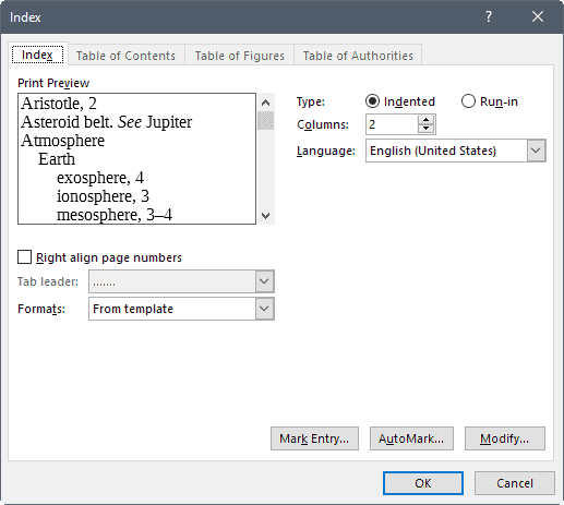 word customize index