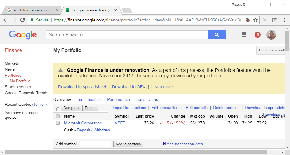 google finance portfolio