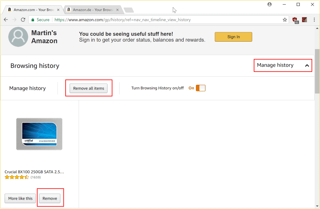 manage browsing history amazon