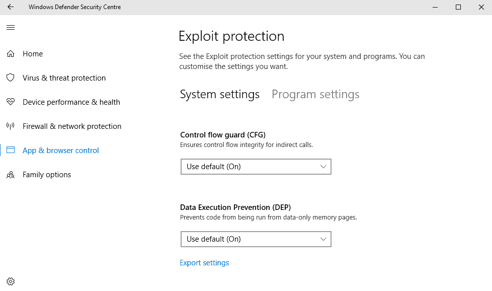 Configure Windows Defender Exploit protection in Windows 10