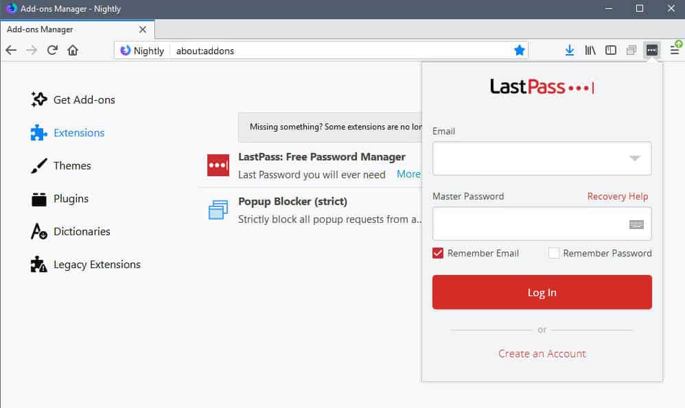 lastpass firefox webextension