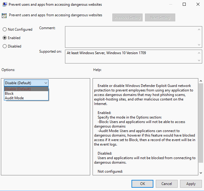 Configure Windows Defender Network protection in Windows 10