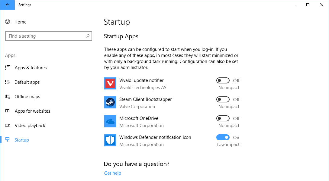 Windows 10 Settings get Startup management option