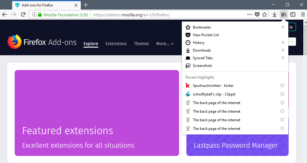 firefox library remove highlights