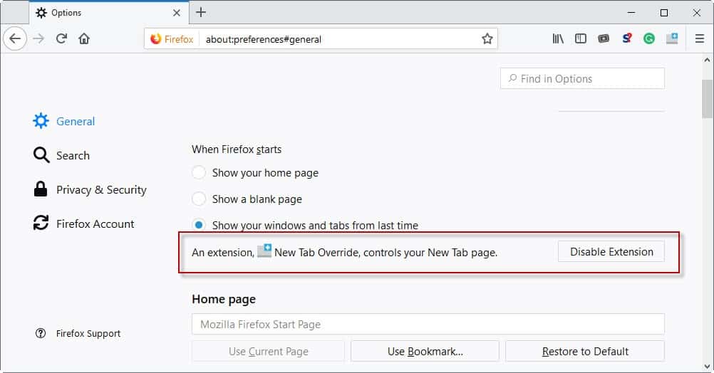 firefox extension preferences