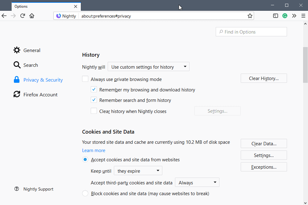 firefox 60 cookie management