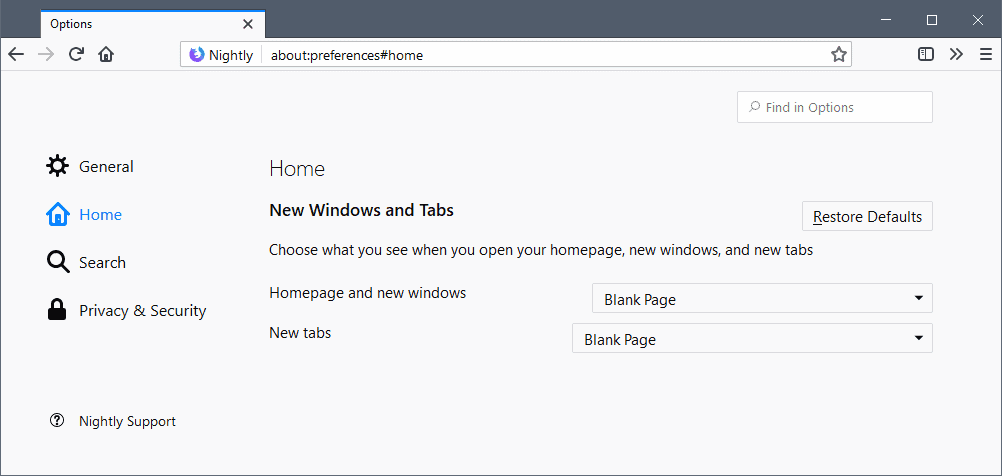 firefox preferences home