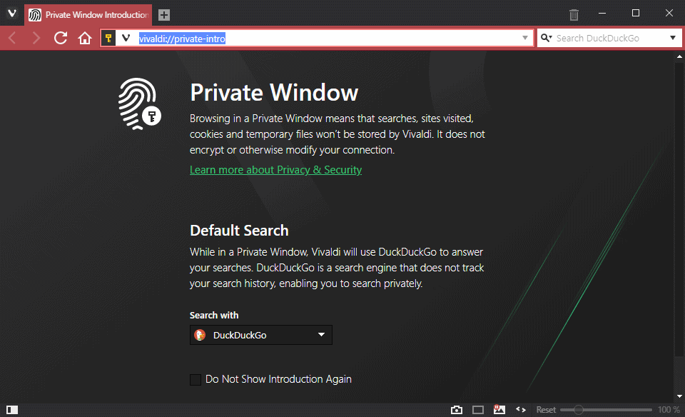 Vivaldi Browser makes DuckDuckGo default search engine in private windows