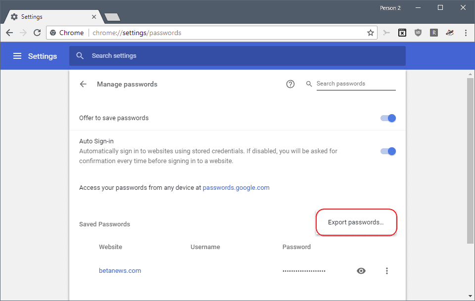 chrome export passwords