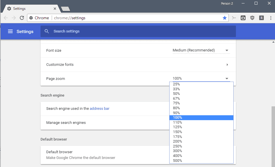 chrome global zoom level