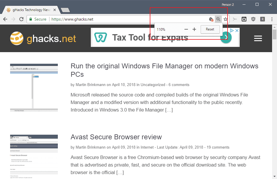 chrome zoom level address bar