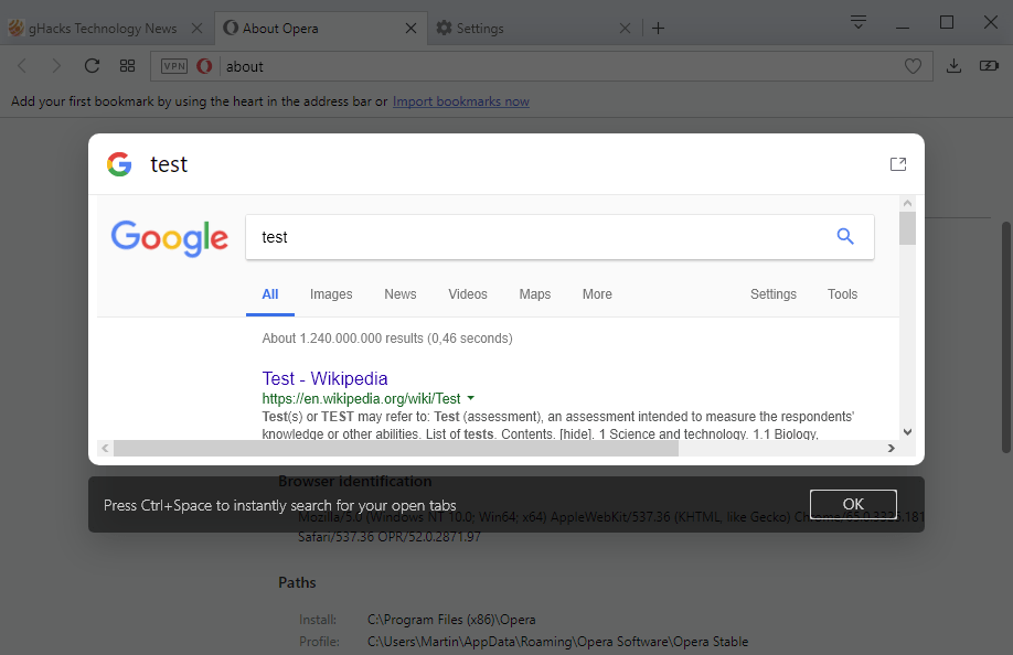 opera instant search result