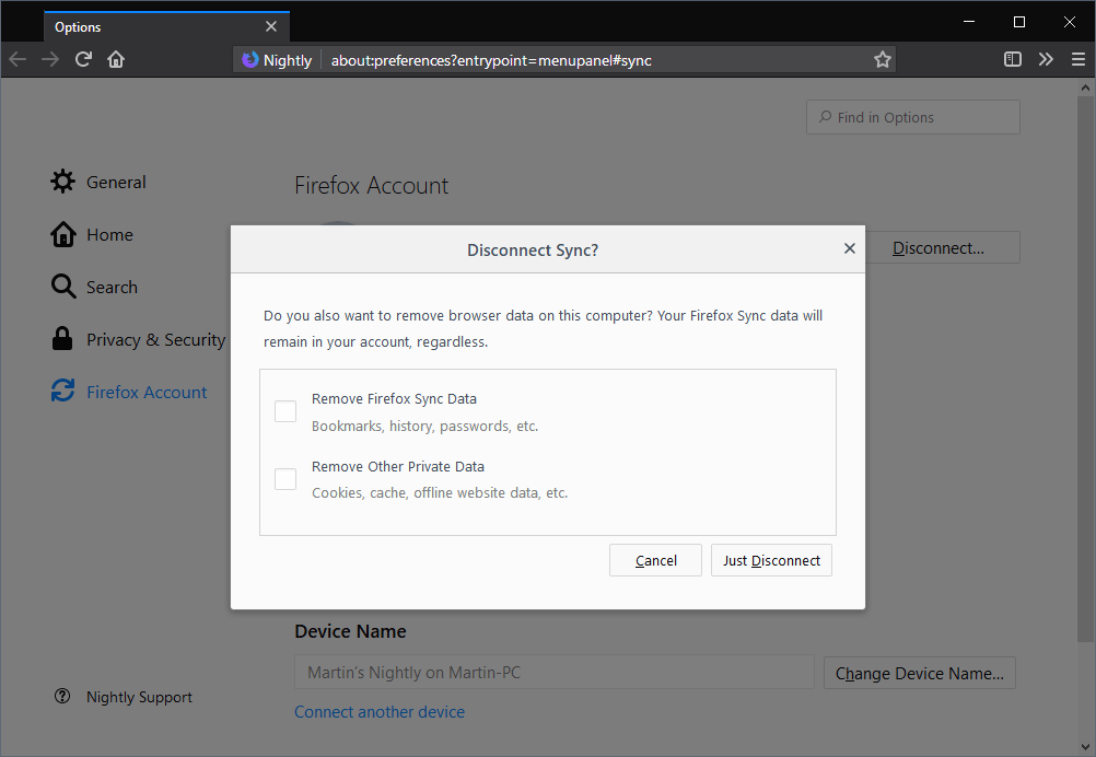 Firefox 62 with clear local sync data prompt on disconnect