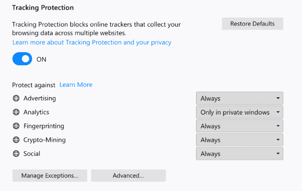 Firefox 63: Tracking Protection with Miner and Fingerprinting protection