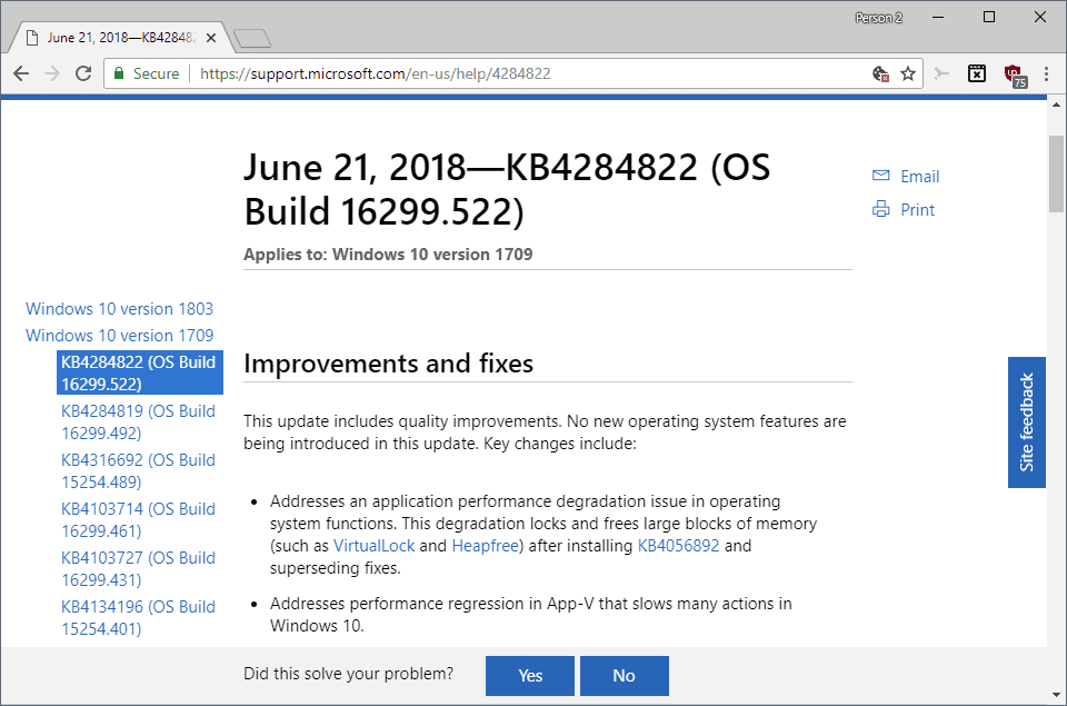 Cumulative updates KB4284822, KB4284830 and KB4284833 for Windows 10