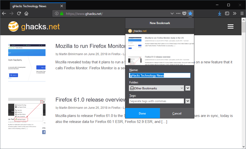 Firefox gets a new add bookmark prompt