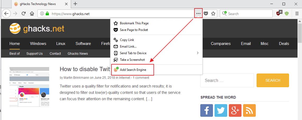 firefox page action search