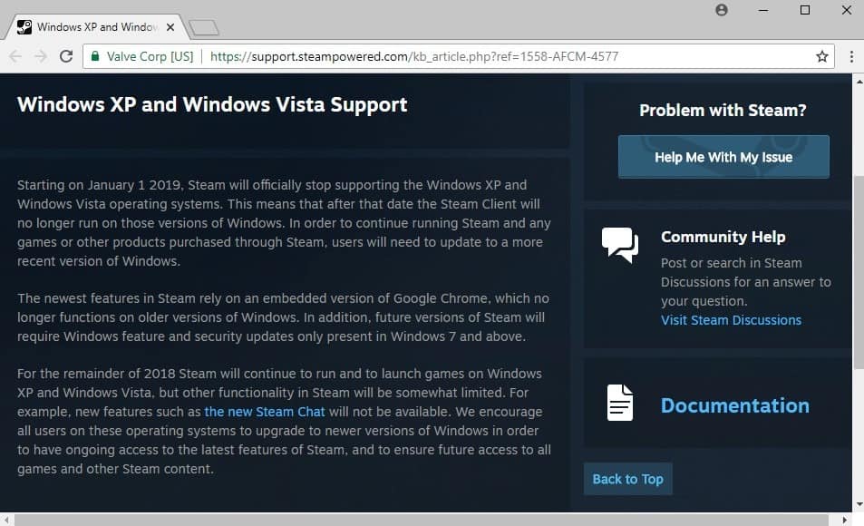 Steam support for Windows XP and Vista ended