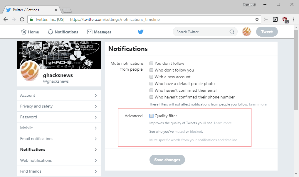 How to disable Twitter's Quality Filter