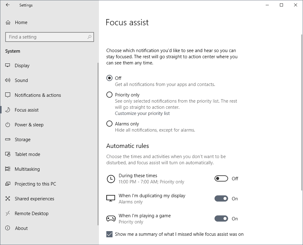 windows 10 focus assist