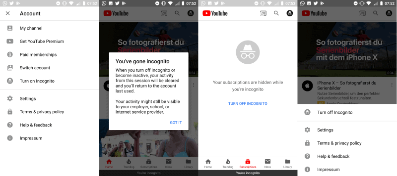 youtube app android incognito