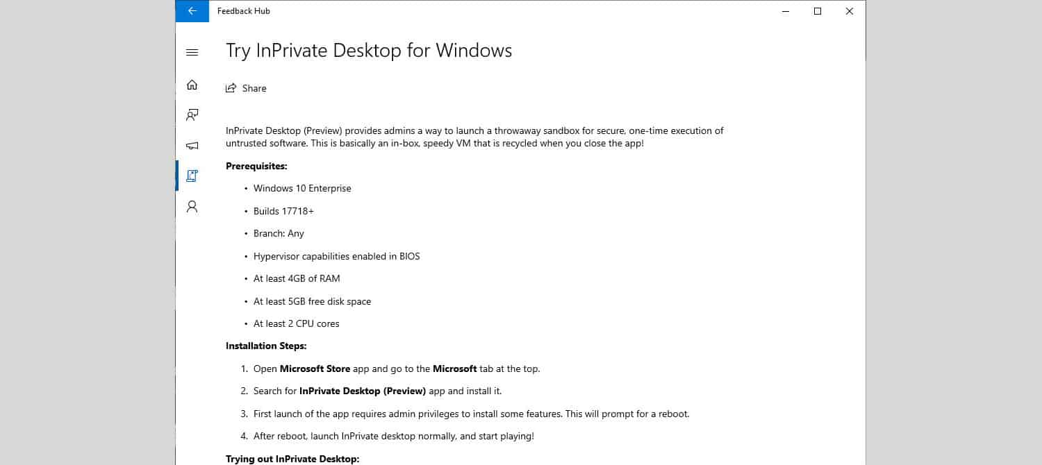 Microsoft reveals InPrivate Desktop sandbox feature for Windows 10