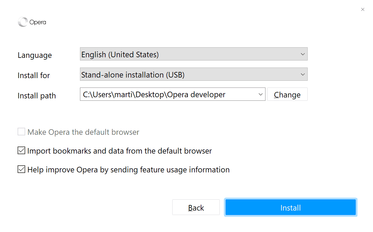 opera installer options