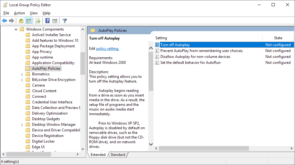 windows 10 group policy autoplay