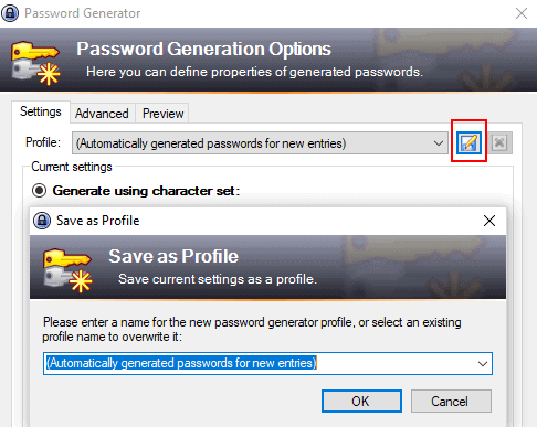 How to change the default KeePass password options