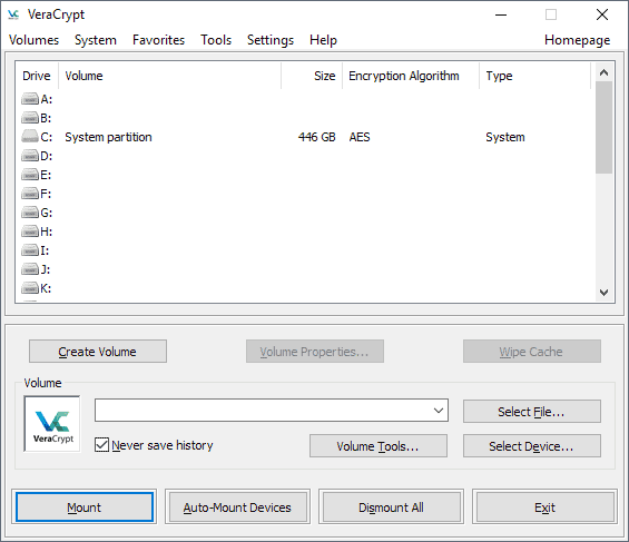 veracrypt main interface