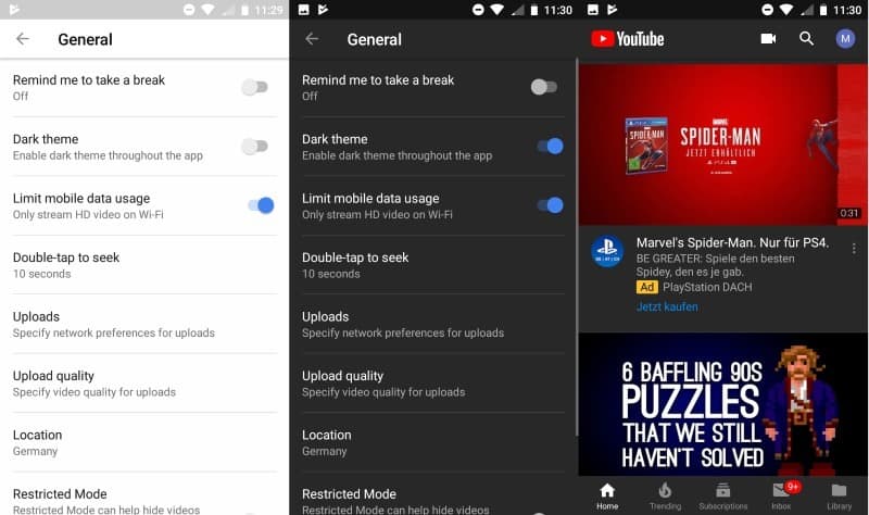 youtube android dark theme