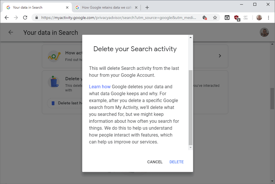 delete search activity