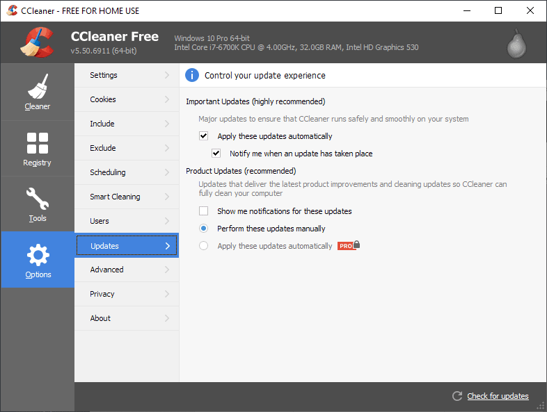 ccleaner updates options