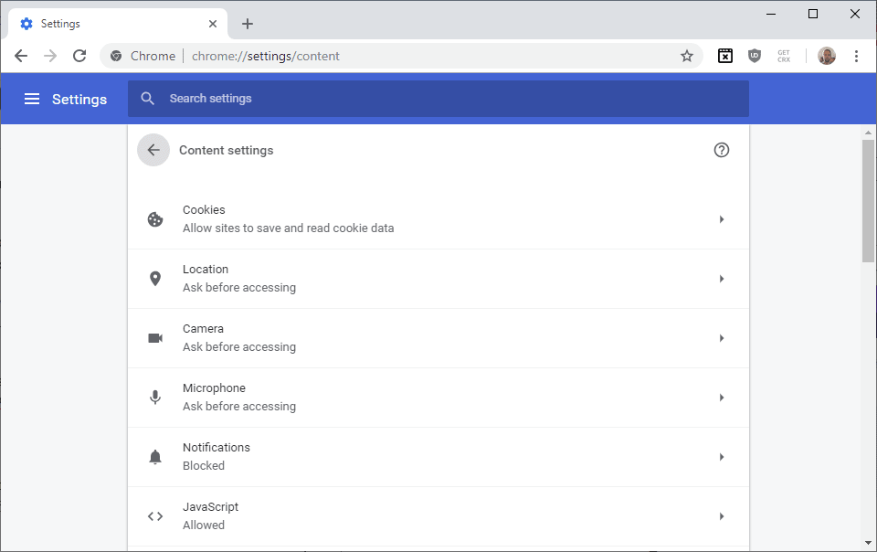 chrome content settings