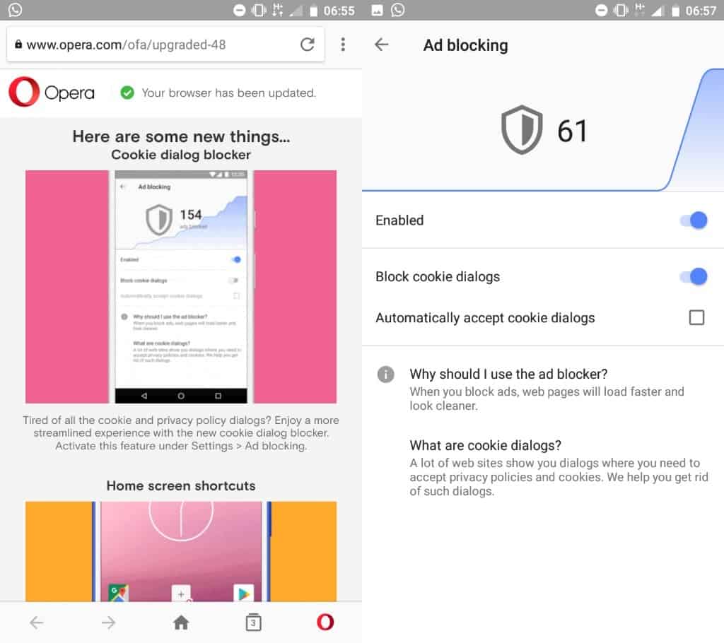 Opera for Android may block cookie dialogues in latest version
