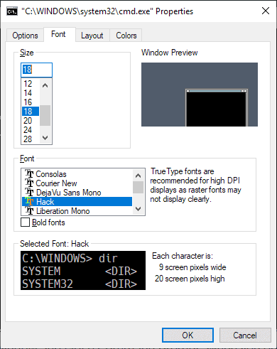 windows console font size