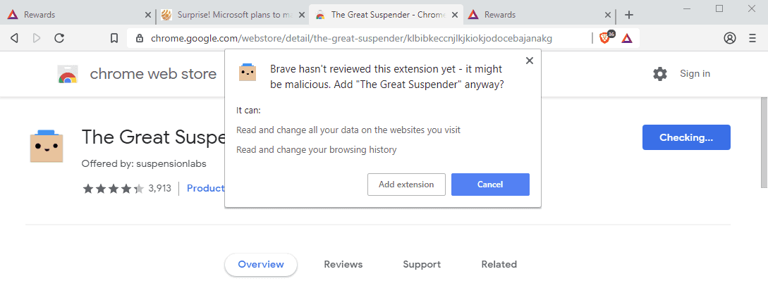 brave extensions chrome warning