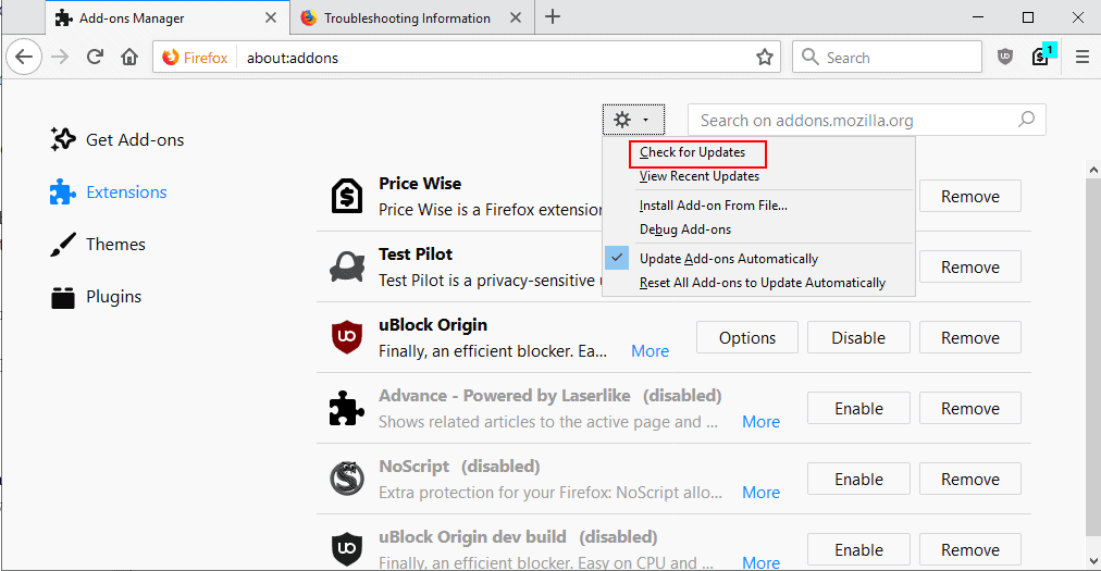 How to update Firefox extensions manually