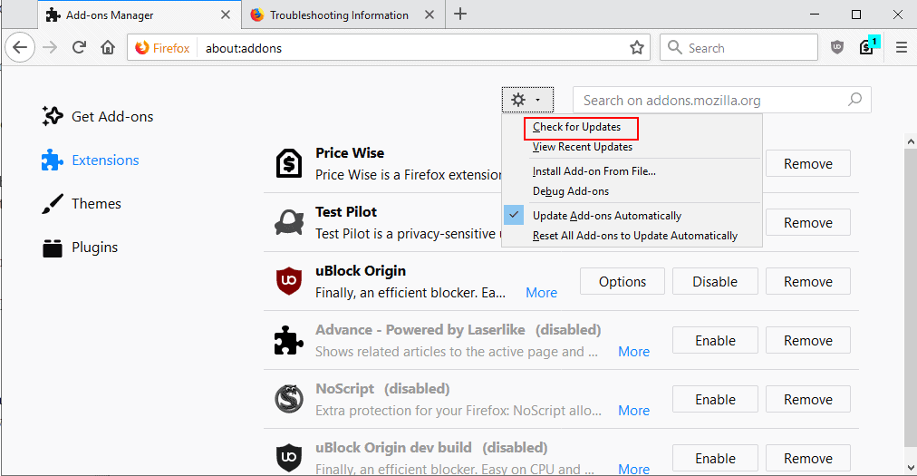 firefox check for add-on updates