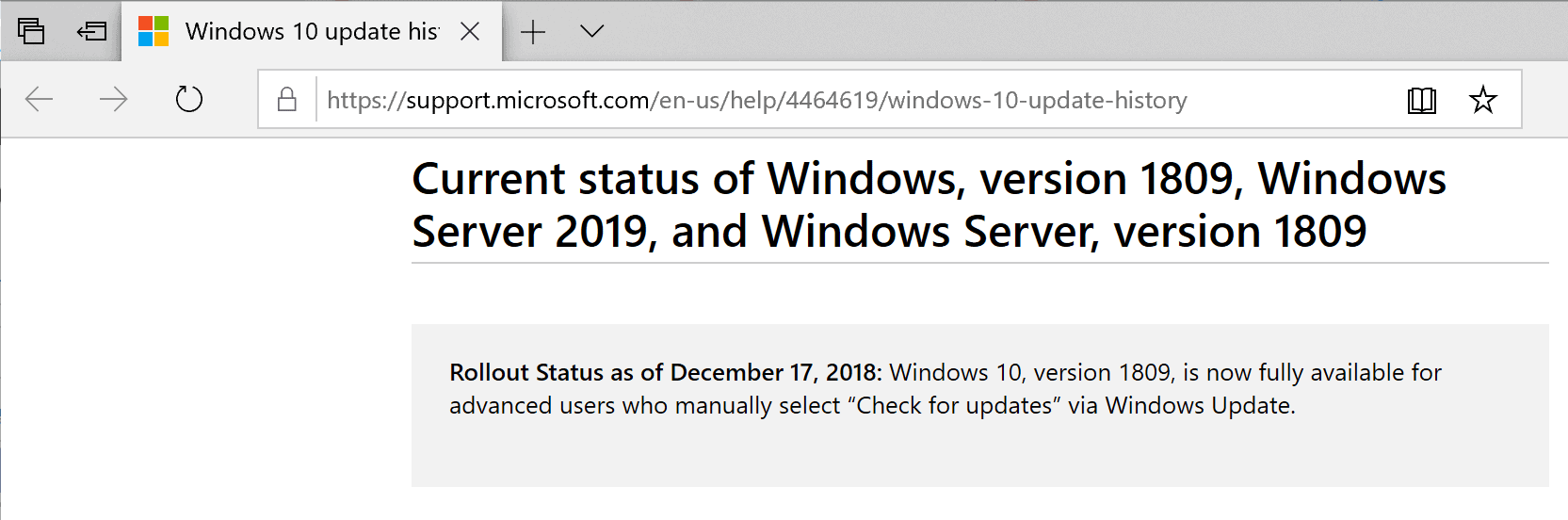 Windows 10 version 1809 available for 