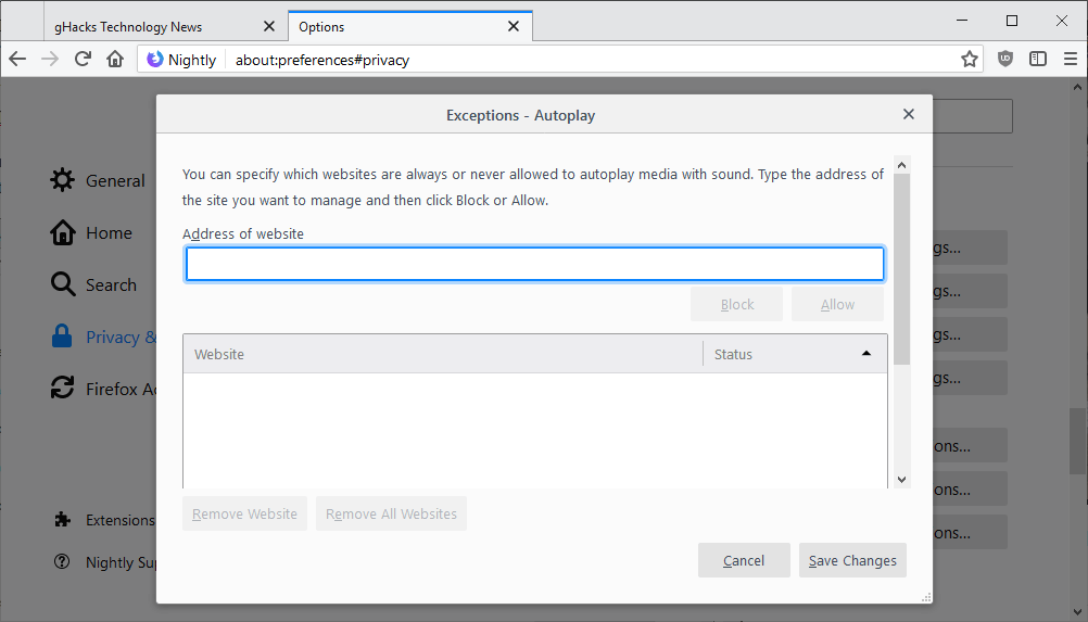 firefox exceptions autoplay