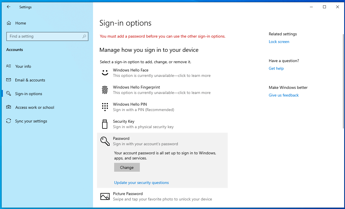 windows 10 add security questions