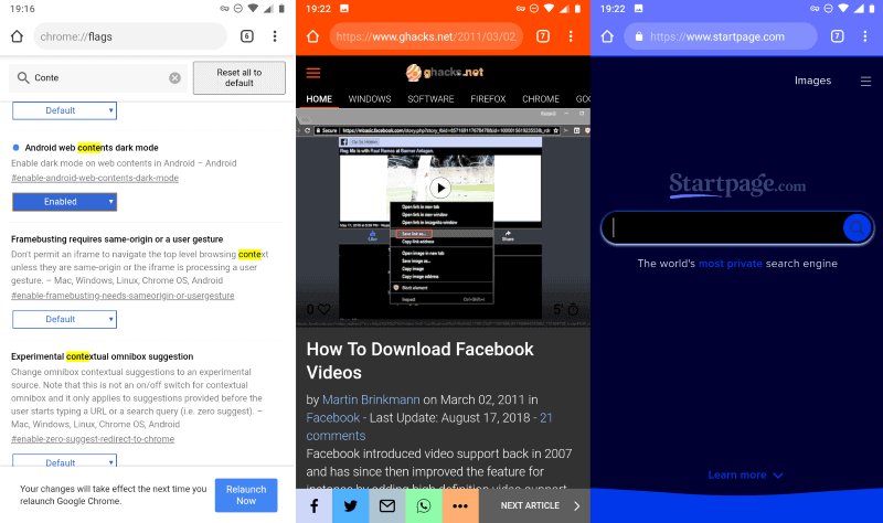 Google tests dark mode for web content in Chrome for Android - gHacks Tech