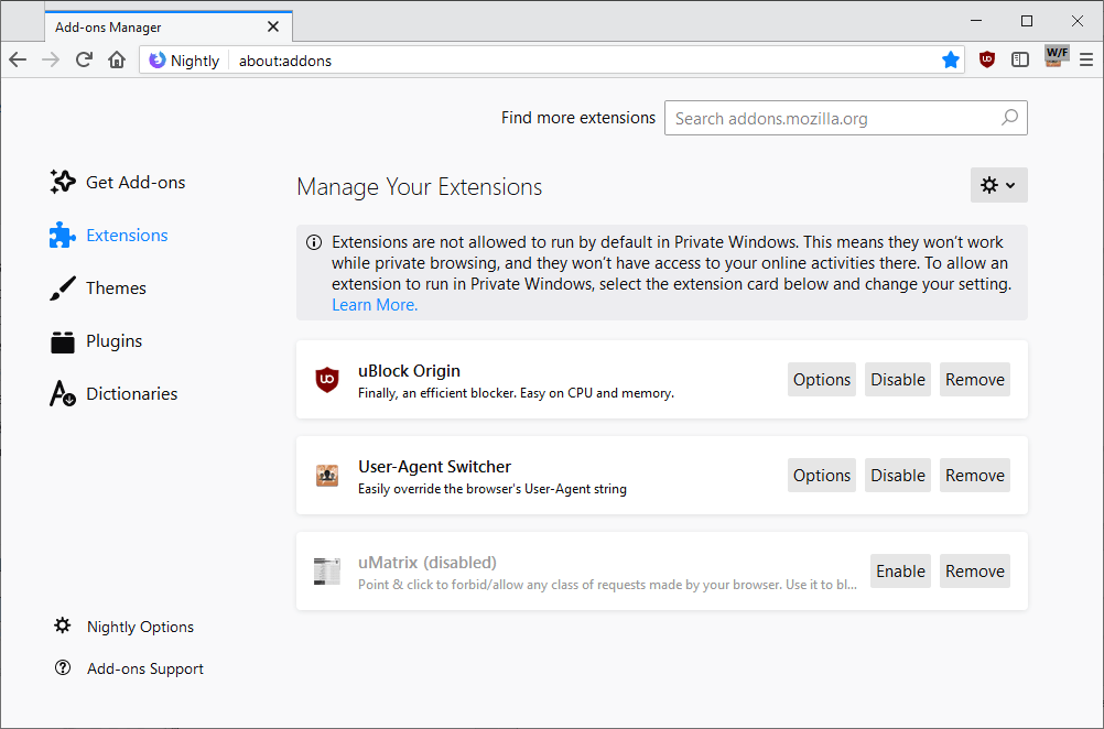 extensions not allowed private browsing
