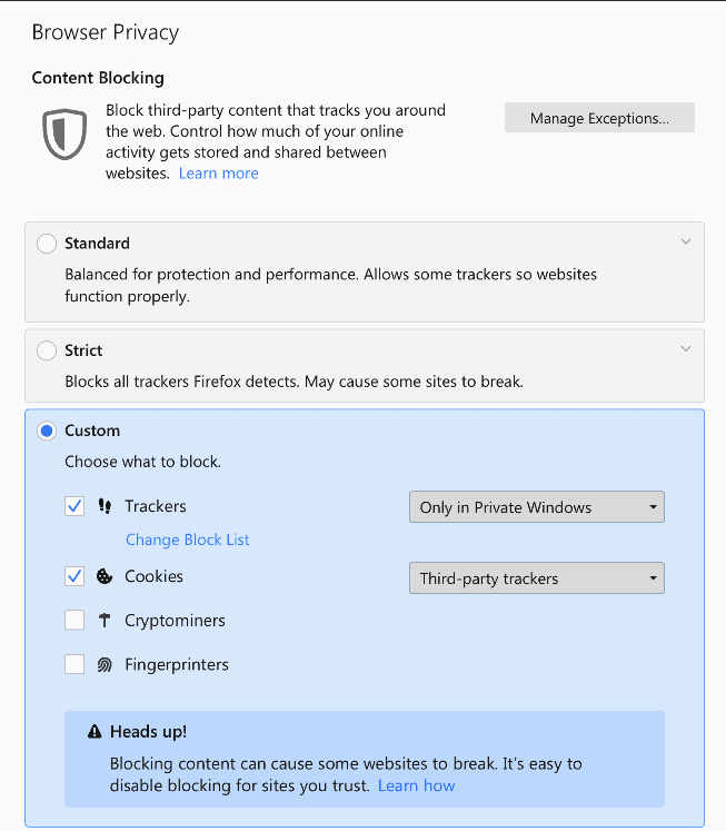 firefox privacy options