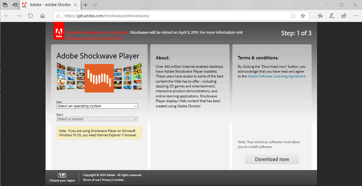 adobe shockwave player end support