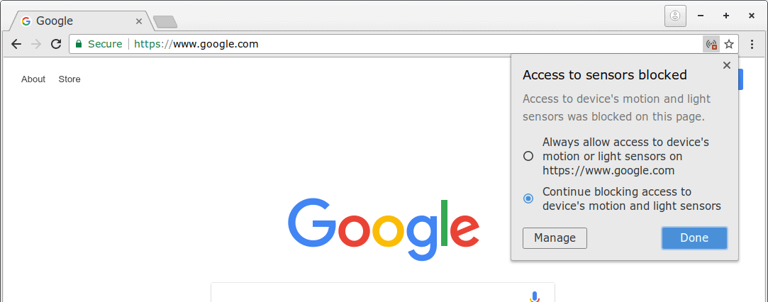 chrome sensor access blocked