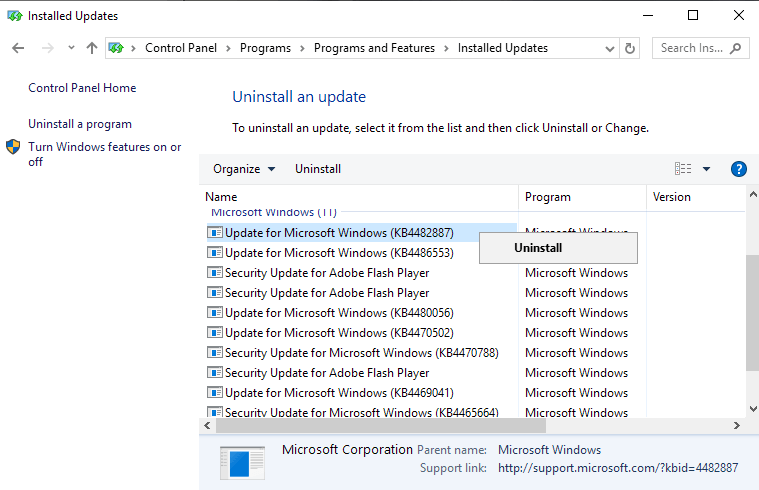 uninstall KB4482887